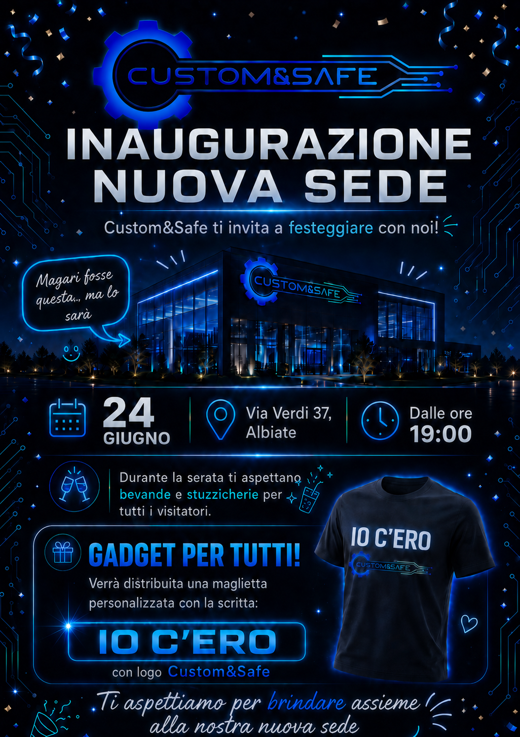 Locandina inaugurazione nuova sede Custom&Safe